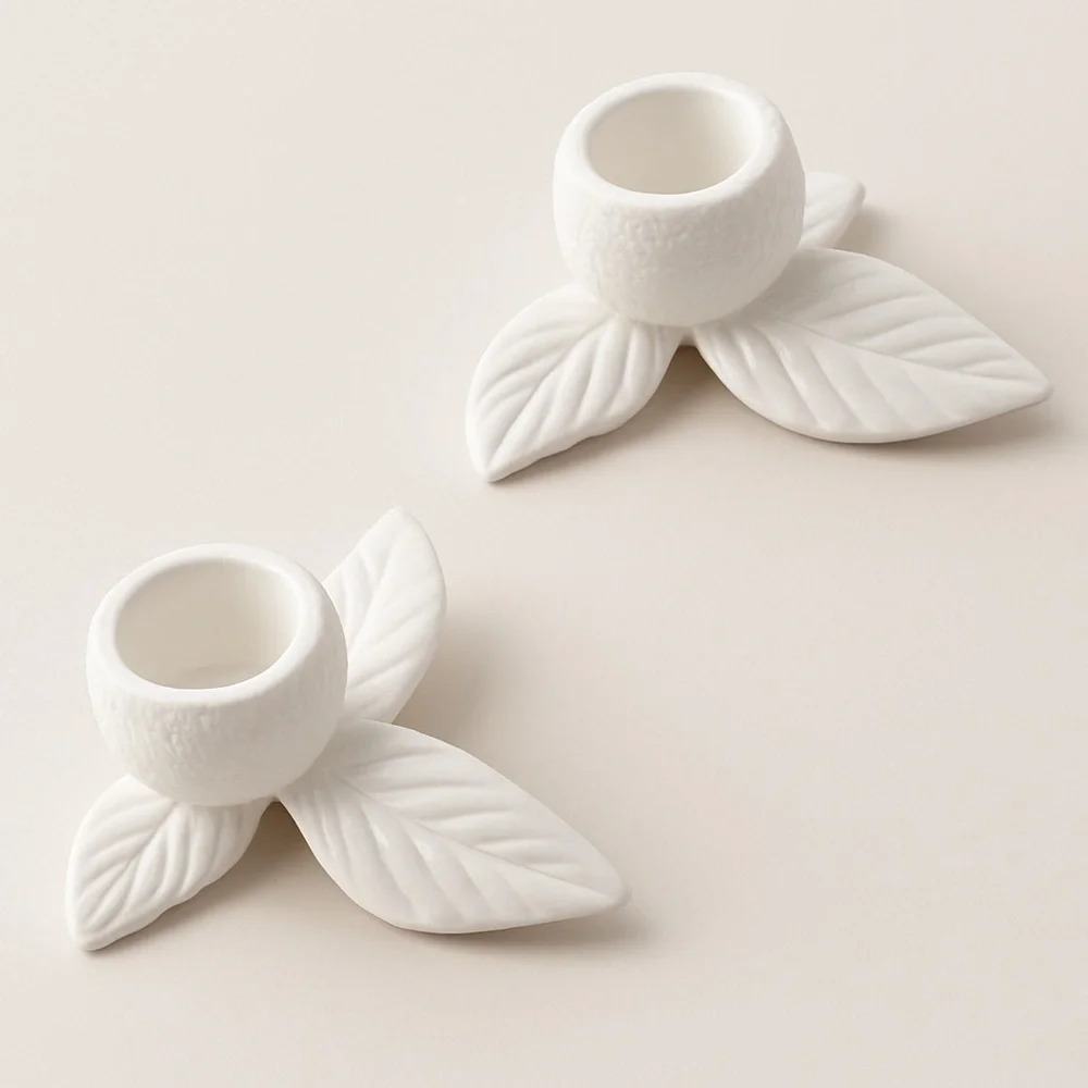 Porcelain Leaf Candle Holders Set Of Two Made In Italy White Home Decor Artsy